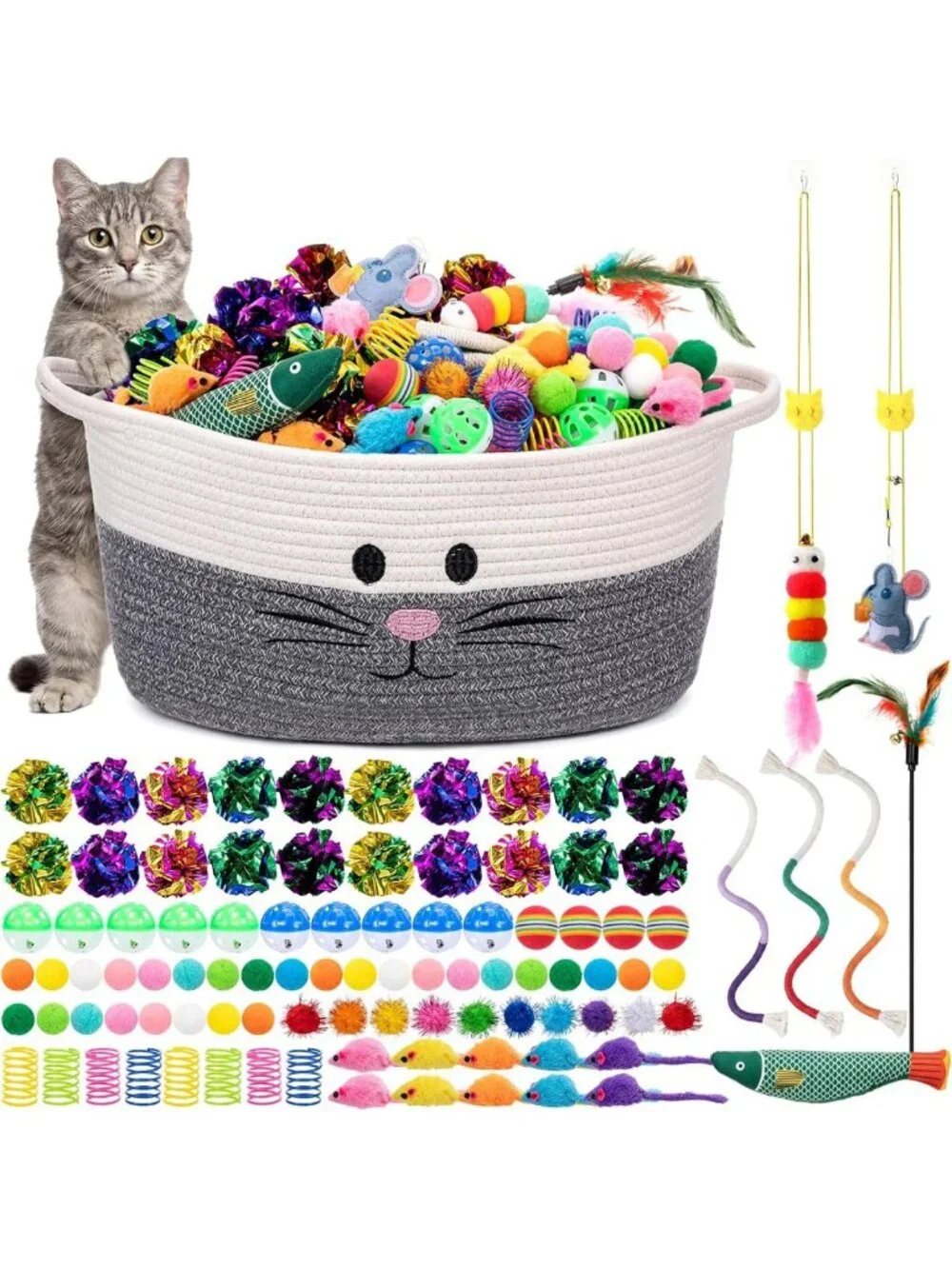 Colorful Cat Toy Set with Storage Basket - 100 Pcs Interactive Toys for Kittens